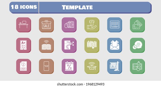 template icon set. included calendar, gift, newsletter, test, voucher, book, jacket, student-smartphone, sale, ereader icons on white background. linear, filled styles.