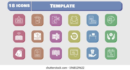 template icon set. included calendar, newsletter, smartphone, test, voucher, book, discount, jacket, touchscreen, sale icons on white background. linear, filled styles.
