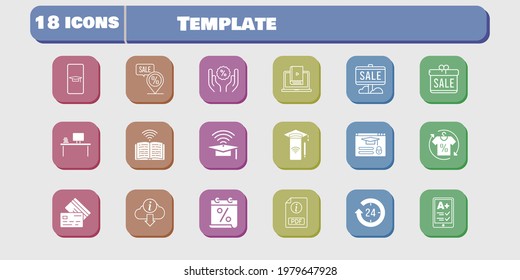 template icon set. included calendar, gift, smartphone, learn, book, discount, login, student-smartphone, 24-hours, ereader icons on white background. linear, filled styles.