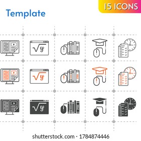 template icon set. included e-book, books, test, maths, e-learning icons on white background. linear, bicolor, filled styles.