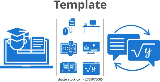 conjunto de iconos de plantilla. ebook incluido, desktop, test, instructor, tarea, matemáticas, entrenamiento, clic iconos. estilos rellenos.