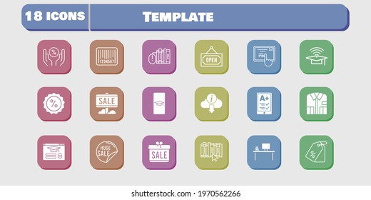 template icon set. included gift, book, discount, touchscreen, login, student-smartphone, ereader, sale, shirt, desktop icons on white background. linear, filled styles.