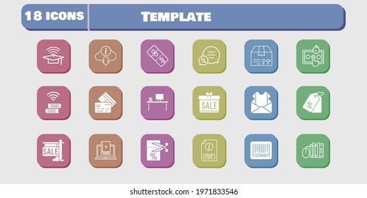 template icon set. included gift, newsletter, package, test, learn, voucher, book, discount, sale, pdf, books, cap icons on white background. linear, filled styles.