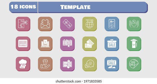 template icon set. included gift, newsletter, smartphone, test, learn, voucher, book, jacket, discount, cloud library, sale icons on white background. linear, filled styles.