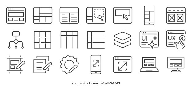 Template icon set. It included mockup, wireframe, grid system, layout, web, responsive design and more icons. Editable Vector Stroke.
