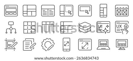 Template icon set. It included mockup, wireframe, grid system, layout, web, responsive design and more icons. Editable Vector Stroke.