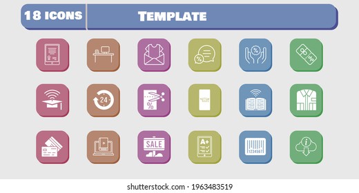 template icon set. included newsletter, learn, voucher, book, discount, student-smartphone, tablet, sale, ereader, 24-hours icons on white background. linear, filled styles.