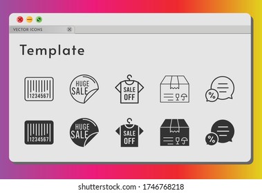 template icon set. included sale, shirt, package, chat, barcode icons on white background. linear, filled styles.