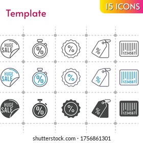 template icon set. included sale, price tag, discount, barcode, stopwatch icons on white background. linear, bicolor, filled styles.