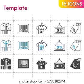 template icon set. included shirt, price tag, barcode, open icons on white background. linear, bicolor, filled styles.