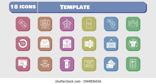 template icon set. included smartphone, package, test, discount, touchscreen, login, student-smartphone, ereader, sale icons on white background. linear, filled styles.