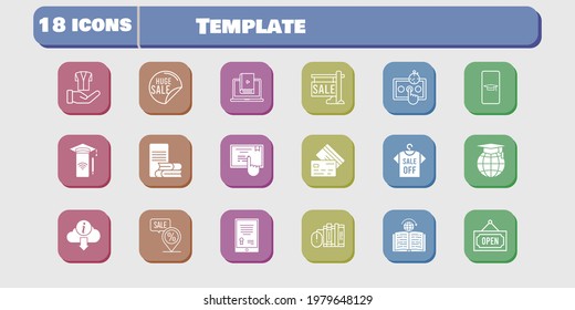 template icon set. included smartphone, test, learn, jacket, learning, touchscreen, student-smartphone, tablet, sale icons on white background. linear, filled styles.
