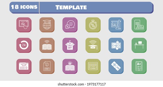 template icon set. included test, book, discount, learning, touchscreen, login, ereader, sale, 24-hours, desktop, pdf icons on white background. linear, filled styles.