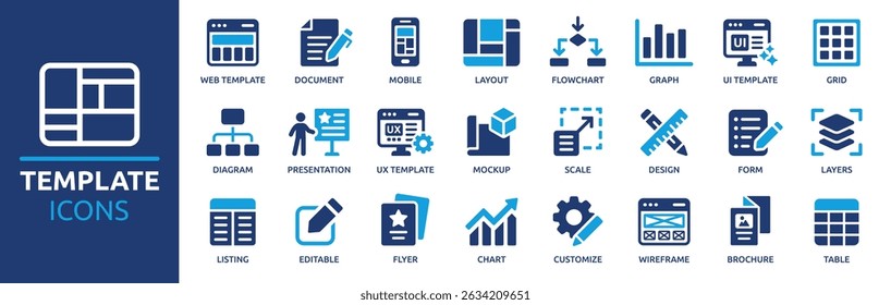 Template icon set. Layout, flowchart, diagram, form, wireframe, table, grid, editable, layers and more. Solid vector icons collection.