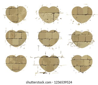 Template icons of Heart with pattern of brick wall and lines of mortar. Textured stylized elementns for your design. Vector illustration
