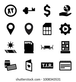 Template icons. set of 16 editable filled template icons such as location, lotto, calendar, xy, tir, play in gear, cd on hand, love card, memory card, menu, restaurant table