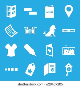 Template icons set. set of 16 template filled icons such as lion, shirt, hair, love card, photos on rope, menu, document, pendulum, building block, pen, diploma, tag, location