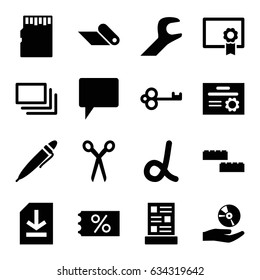 Template icons set. set of 16 template filled icons such as barber scissors, chat, cd on hand, file, pen, burst, wrench, menu, diploma, carpet, memory card, building block