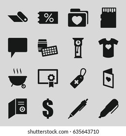 Template icons set. set of 16 template filled icons such as dollar, pen, medical cross tag, folder with heart, chat, t-shirt with heart, love card, diploma, carpet, barbeque