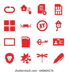 Template icons set. set of 16 template filled icons such as lion, badge, reload replay, memory card, burst, restaurant table, smart home, cold and hote mode, sim card, pen