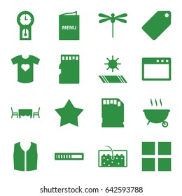 Template icons set. set of 16 template filled icons such as tag, sleeveless shirt, hair, t-shirt with heart, memory card, menu, restaurant table, carpet in the sun, dragonfly