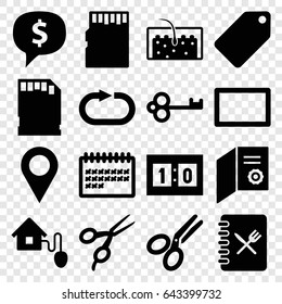 Template icons set. set of 16 template filled icons such as barber scissors, tag, calendar, hair, reload replay, scissors, memory card, burst, menu, smart home, sport score