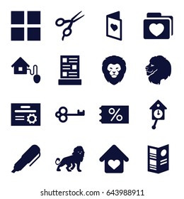 Template icons set. set of 16 template filled icons such as lion, barber scissors, folder with heart, love card, love home, menu, smart home, pen, pendulum, diploma