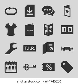 Template icons set. set of 16 template filled icons such as shirt, calendar, tir, chat, reload replay, file, love card, wrench, menu, restaurant table, sport score, tag