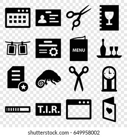 Template icons set. set of 16 template filled icons such as chameleon, barber scissors, badge, tir, love card, photos on rope, wine bottle and glass, menu, pendulum, diploma