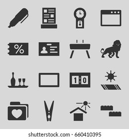 Template icons set. set of 16 template filled icons such as lion, badge, house under sun, folder with heart, cloth pin, burst, wine bottle and glass, menu, sport score
