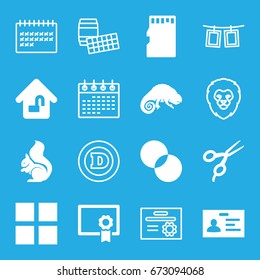 Template icons set. set of 16 template filled and outline icons such as squirrel, chameleon, barber scissors, badge, circle intersection, memory card, home lock, diploma, lion