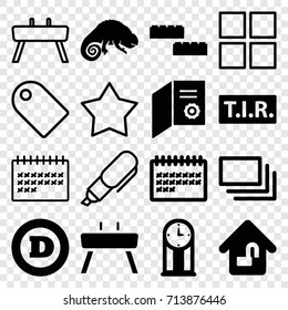 Template icons set. set of 16 template filled and outline icons such as chameleon, d letter, calendar, tir, burst, home lock, gymnastic apparatus, pendulum, pen