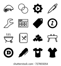 Template icons set. set of 16 template filled and outline icons such as tag, shirt, d letter, mud, play in gear, t-shirt with heart, info, pen, chameleon, circle intersection