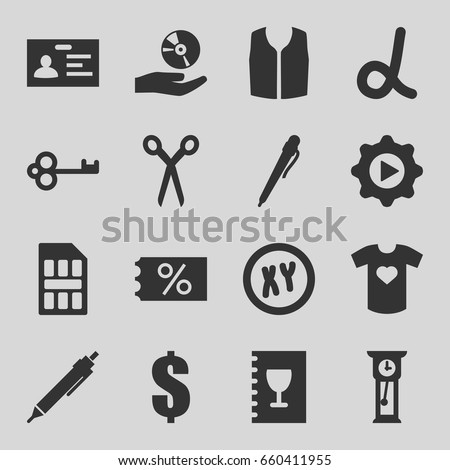 Template icons set. set of 16 template filled icons such as barber scissors, sleeveless shirt, badge, dollar, pen, play in gear, cd on hand, t-shirt with heart, menu, sim card
