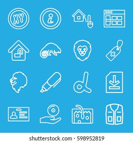 template icons set. Set of 16 template outline icons such as lion, chameleon, sleeveless shirt, badge, medical cross tag, hair, CD on hand, file, home lock, smart home, info