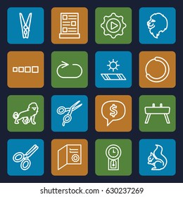 Template icons set. set of 16 template outline icons such as lion, squirrel, barber scissors, reload replay, play in gear, scissors, cloth pin, menu, carpet in the sun