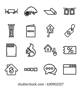 Template icons set. set of 16 template outline icons such as squirrel, chameleon, medical cross tag, chat, memory card, photos on rope, menu, restaurant table, smart home