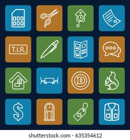 Template icons set. set of 16 template outline icons such as squirrel, barber scissors, d letter, sleeveless shirt, dollar, medical cross tag, tir, chat, pen, home lock, menu