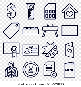 Template icons set. set of 16 template outline icons such as tag, hoodie, badge, dollar, love card, burst, love home, menu, cold and hote mode, info, diploma, memory card