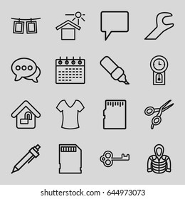 Template icons set. set of 16 template outline icons such as barber scissors, shirt, hoodie, calendar, pen, house under sun, chat, memory card, photos on rope, wrench