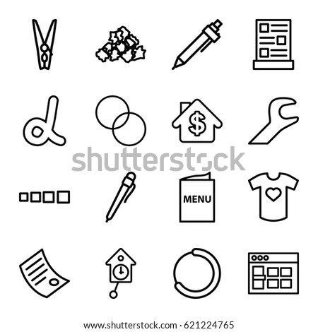 Template icons set. set of 16 template outline icons such as mud, pen, circle intersection, t-shirt with heart, cloth pin, wrench, menu, document, pendulum, browser window
