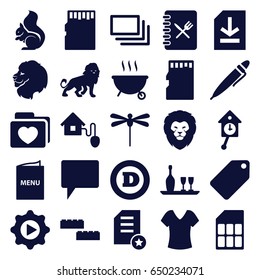 Template icons set. set of 25 template filled icons such as lion, squirrel, tag, shirt, d letter, folder with heart, chat, play in gear, file, pen, memory card, burst