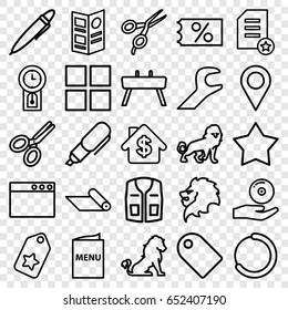 Template icons set. set of 25 template outline icons such as lion, barber scissors, sleeveless shirt, cd on hand, pen, scissors, wrench, menu, carpet, pendulum