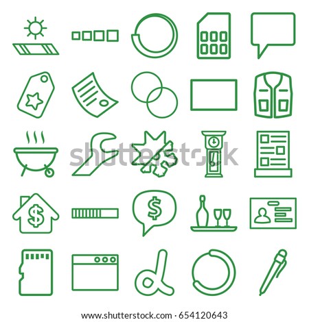 Template icons set. set of 25 template outline icons such as sleeveless shirt, badge, circle intersection, chat, memory card, burst, wrench, wine bottle and glass, menu