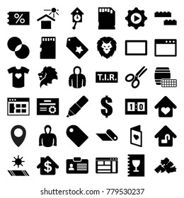 Template icons. set of 36 editable filled template icons such as lion, mud, hoodie, dollar, circle intersection, browser window, ticket on sale, house under sun, tir, tag