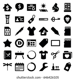 Template icons set. set of 36 template filled icons such as lion, squirrel, barber scissors, tag, shirt, d letter, badge, calendar, pen, medical cross tag, folder with heart