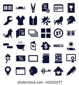 Template icons set. set of 36 template filled icons such as lion, shirt, sleeveless shirt, calendar, love card, cloth pin, memory card, photos on rope, burst, wrench