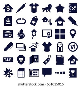Template icons set. set of 36 template filled icons such as lion, squirrel, shirt, pen, medical cross tag, house under sun, tir, chat, reload replay, file, t-shirt with heart