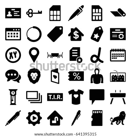 Template icons set. set of 36 template filled icons such as lion, tag, hoodie, badge, pen, calendar, tir, chat, hair, play in gear, t-shirt with heart, love card, memory card