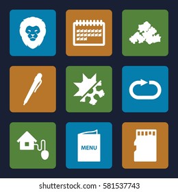 template icons set. Set of 9 template filled icons such as lion, mud, calendar, reload replay, memory card, menu, smart home, cold and hote mode